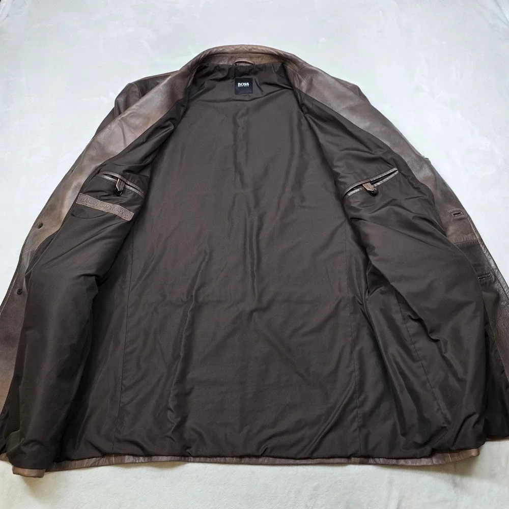 Hugo Boss Leather Blazer Jacket Mens XL 46R Brown Lamb Leather Soft! Distressed - Picture 9 of 16